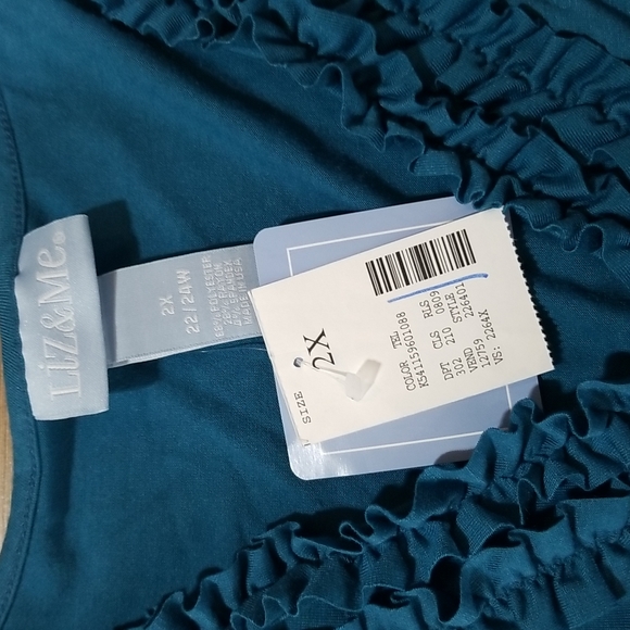 LIZ & ME Turquoise Blue V-Neck 3/4 Sleeve Ruffle Detail Top Shirt - Picture 4 of 11
